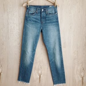 Selvedge Button Fly Raw Hem Straight Leg Jeans